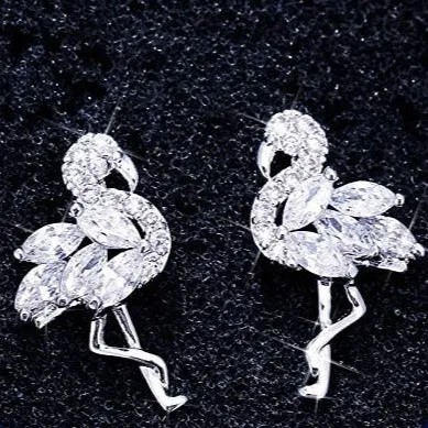 925 Sterling Silver Diamond & Crystal Luxury Stud Flamingo Earrings