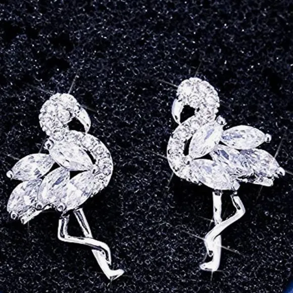 925 Sterling Silver Diamond & Crystal Luxury Stud Flamingo Earrings