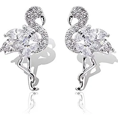 925 Sterling Silver Diamond & Crystal Luxury Stud Flamingo Earrings