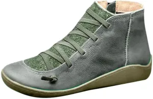 Ankle Boots for Women Fall Boots for Women 2024 Low Heel Casual Retro Leather Round Lace-up Shoes Flat Zipper Booties