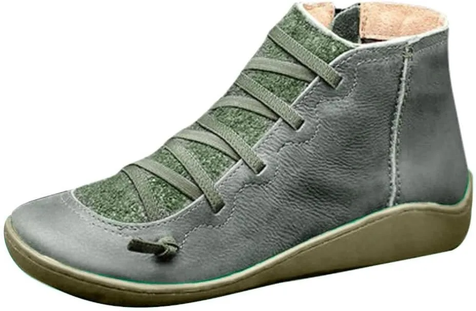 Ankle Boots for Women Fall Boots for Women 2024 Low Heel Casual Retro Leather Round Lace-up Shoes Flat Zipper Booties