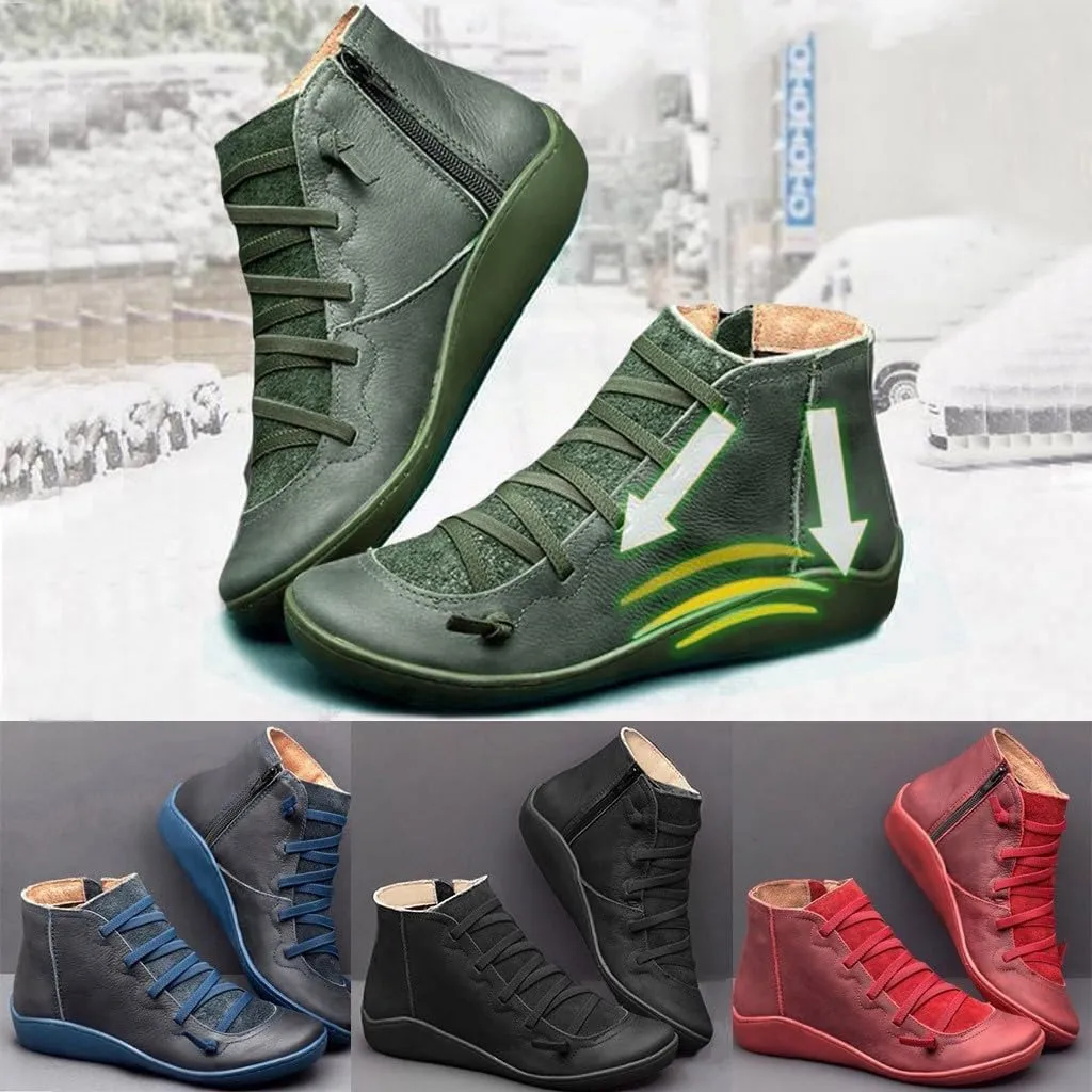 Ankle Boots for Women Fall Boots for Women 2024 Low Heel Casual Retro Leather Round Lace-up Shoes Flat Zipper Booties