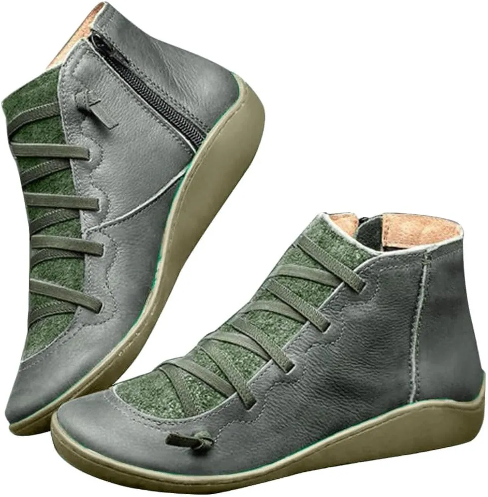 Ankle Boots for Women Fall Boots for Women 2024 Low Heel Casual Retro Leather Round Lace-up Shoes Flat Zipper Booties