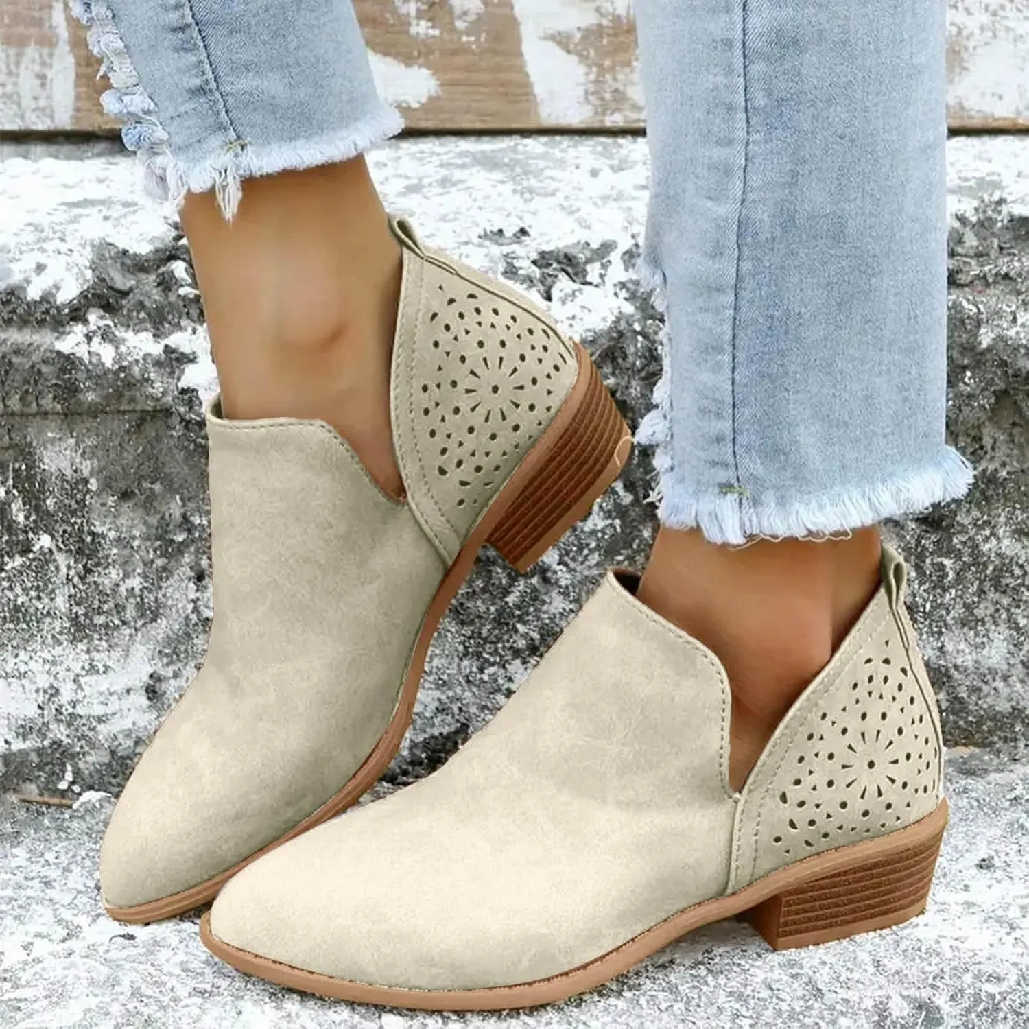 Ankle Boots For Women Low Heel Skeleton with Holes Casual Fashion Solid Color With Heel Nude Shoes Side Zipper Boots