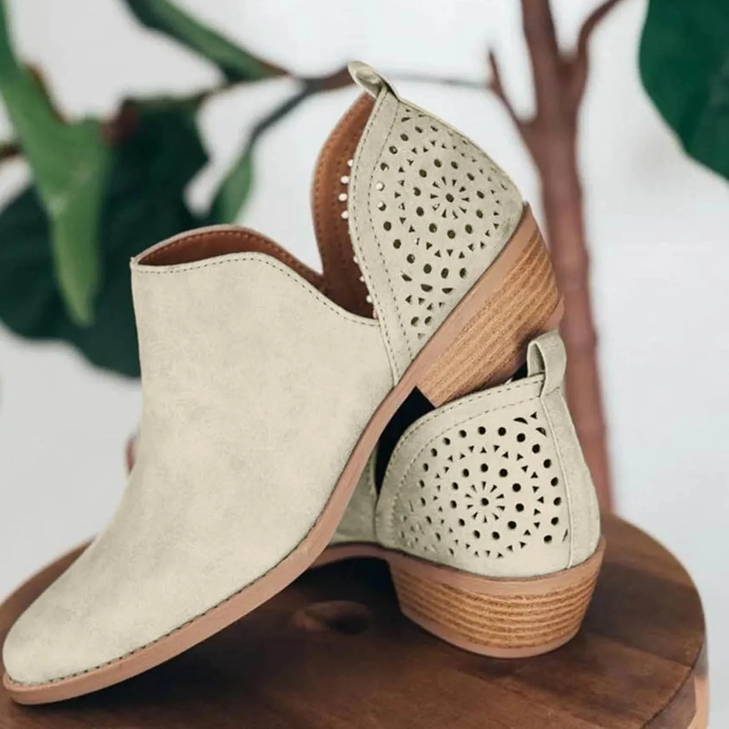Ankle Boots For Women Low Heel Skeleton with Holes Casual Fashion Solid Color With Heel Nude Shoes Side Zipper Boots