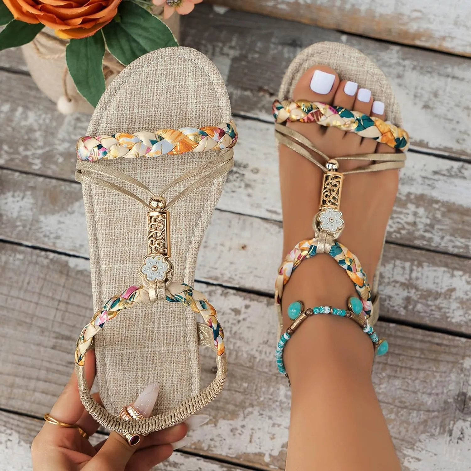 Beach Sandals for Women 2025 Casual Bohemian Sandal Orthopedic Wedges Ankle Strap Flip Flops Open Toe Jeweled Flat Shoes