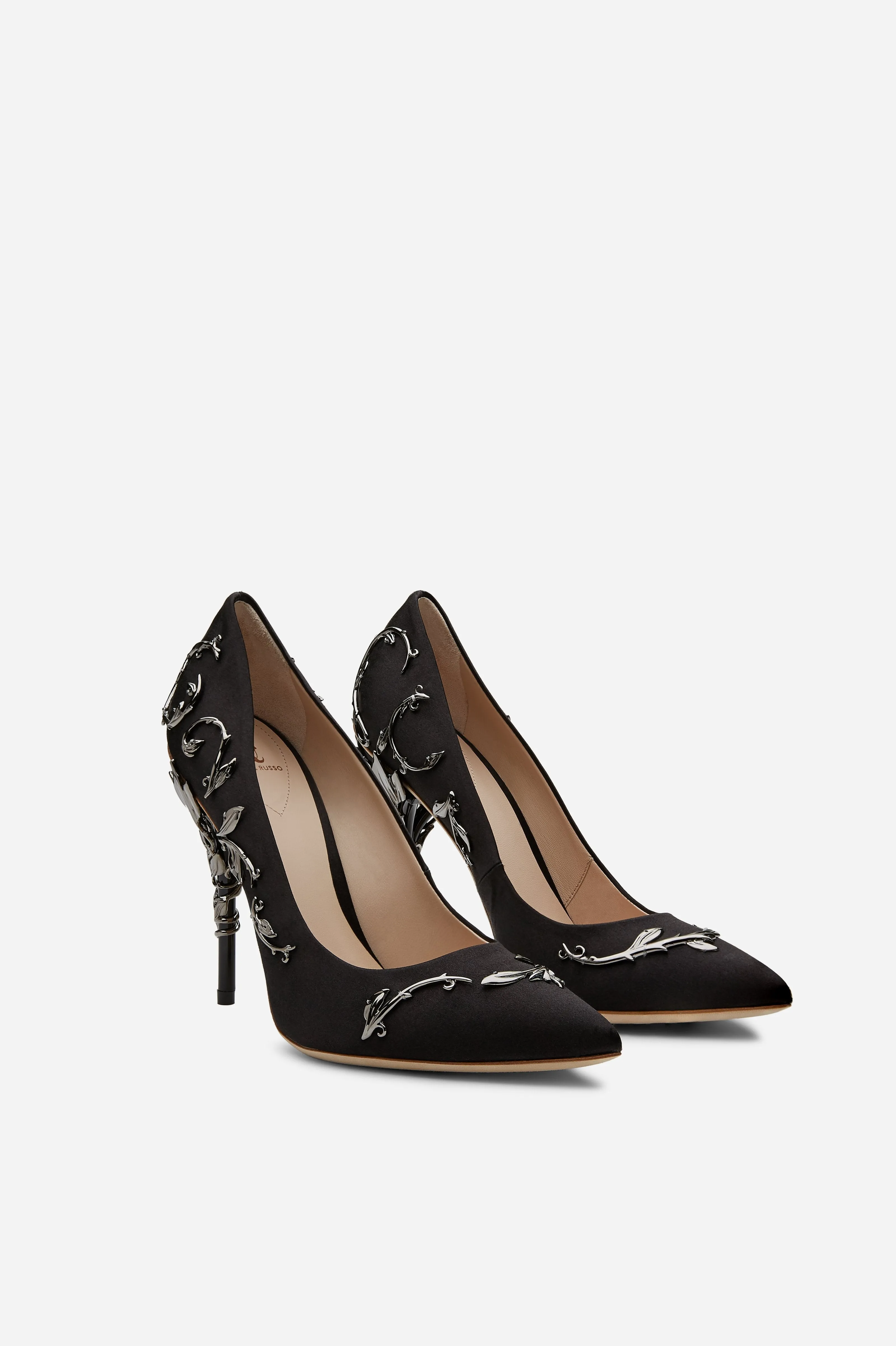 Black Satin Eden Pumps With Gunmetal Leaves