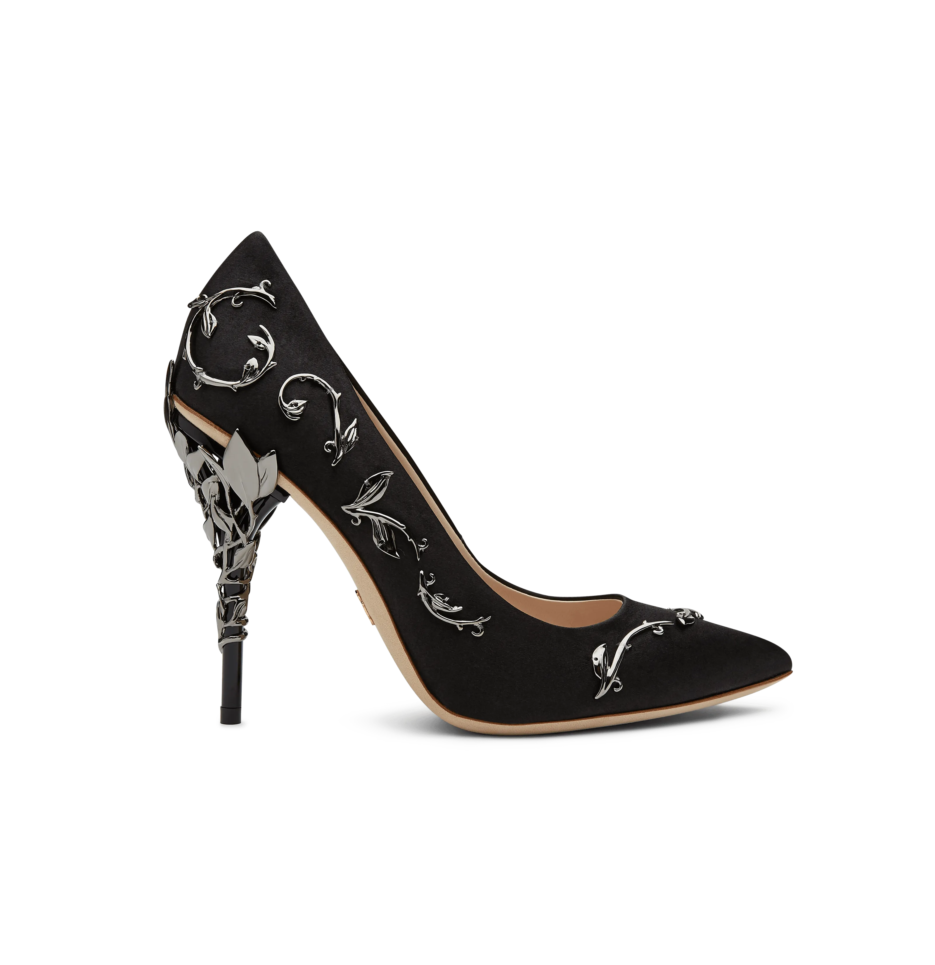 Black Satin Eden Pumps With Gunmetal Leaves