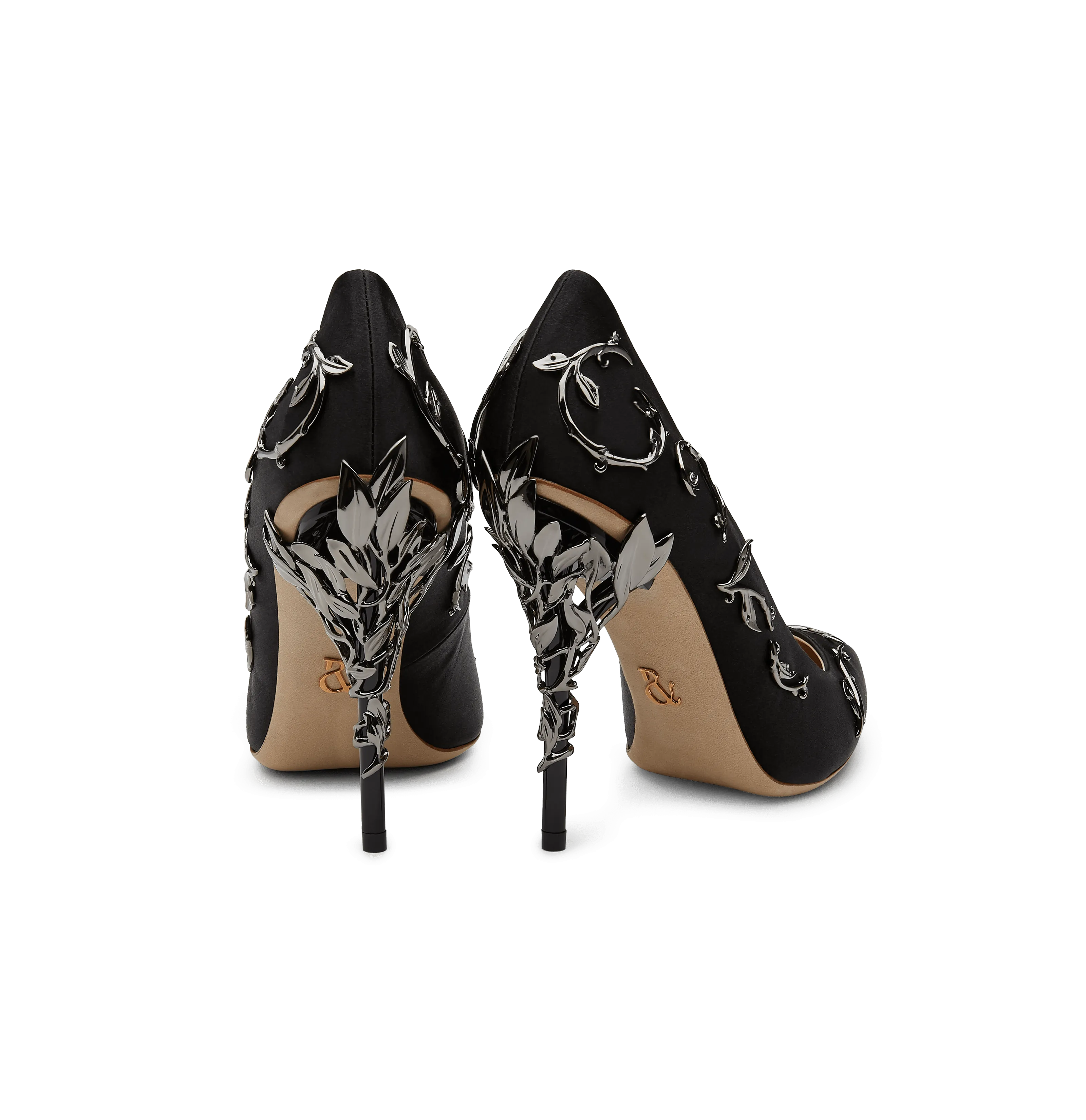 Black Satin Eden Pumps With Gunmetal Leaves