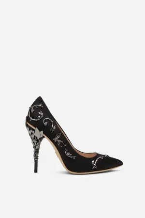 Black Satin Eden Pumps With Gunmetal Leaves
