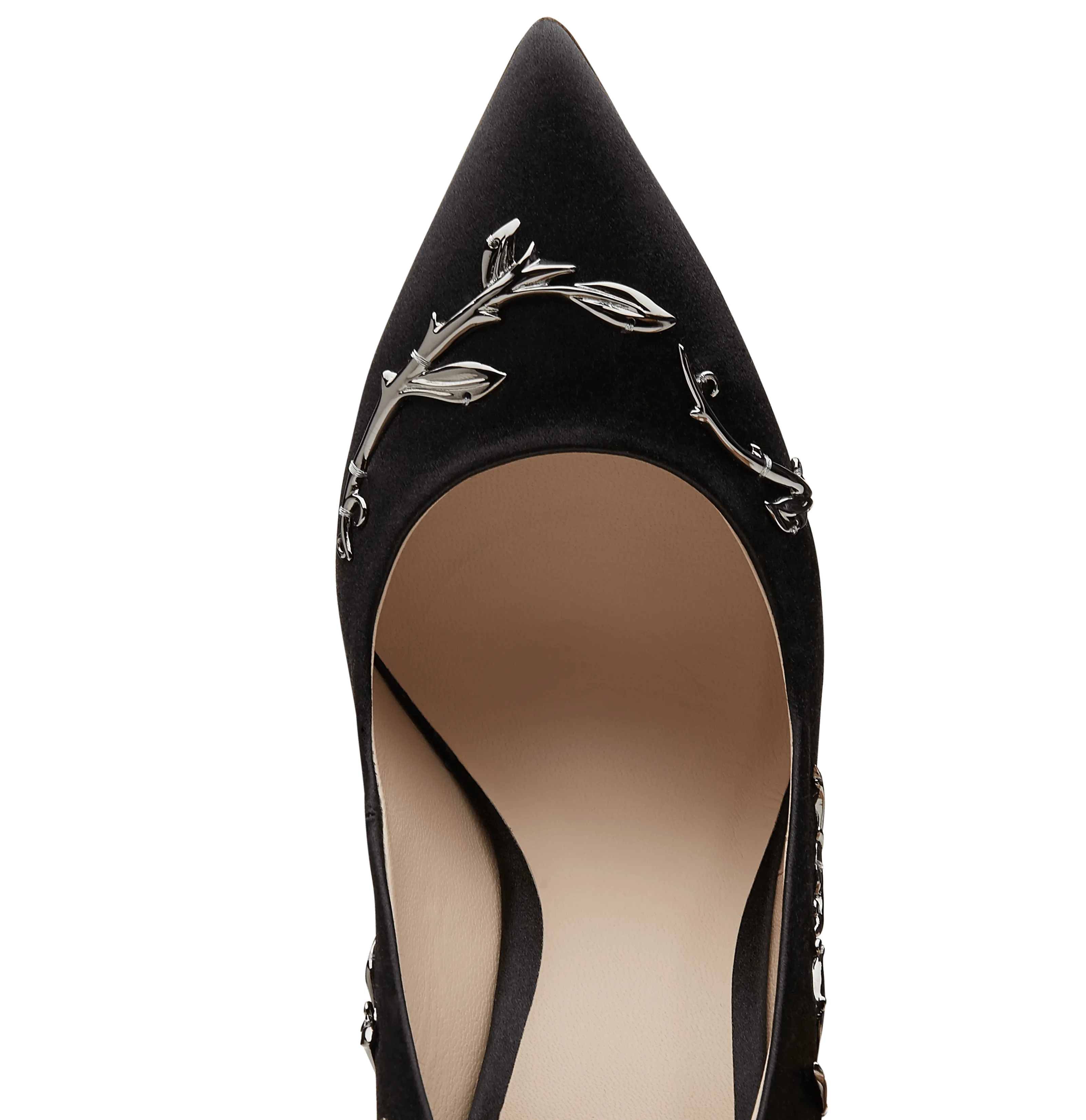Black Satin Eden Pumps With Gunmetal Leaves
