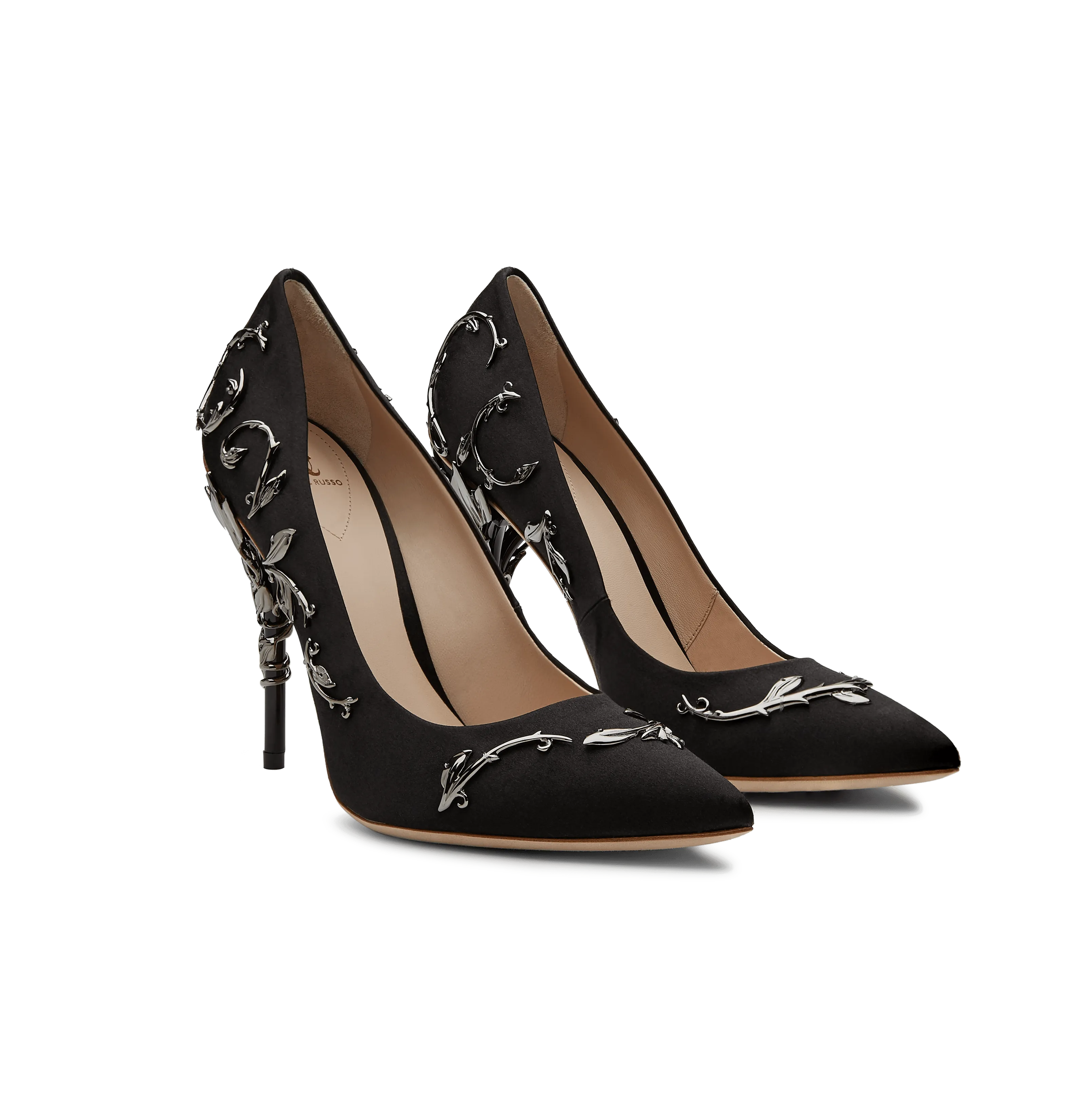 Black Satin Eden Pumps With Gunmetal Leaves