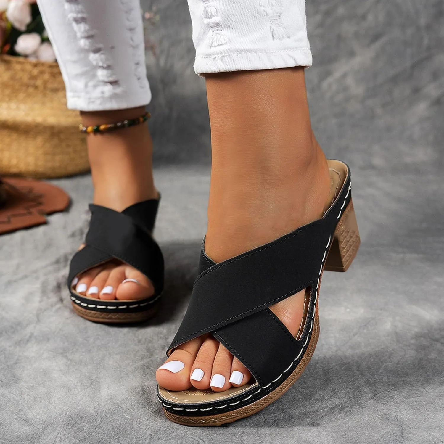Block Heel Sandals for Women 2025 Summer Orthopedic Dressy Chunky Heel Sandal Arch Support Comfortable Slip-On Open Toe Heeled Slides Bridal Party Wedding Shoes Casual Wedge Thong Sandals