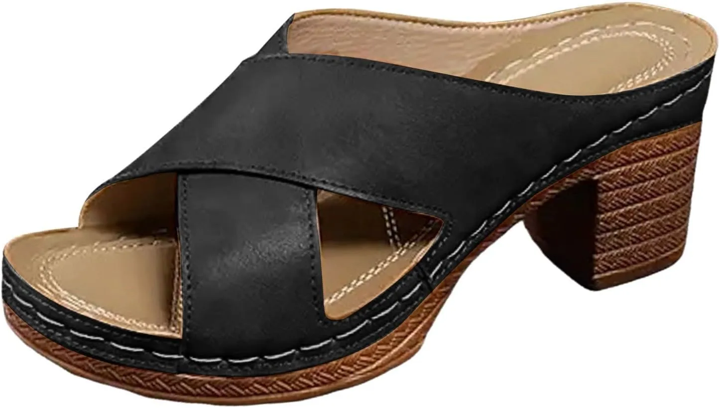 Block Heel Sandals for Women 2025 Summer Orthopedic Dressy Chunky Heel Sandal Arch Support Comfortable Slip-On Open Toe Heeled Slides Bridal Party Wedding Shoes Casual Wedge Thong Sandals