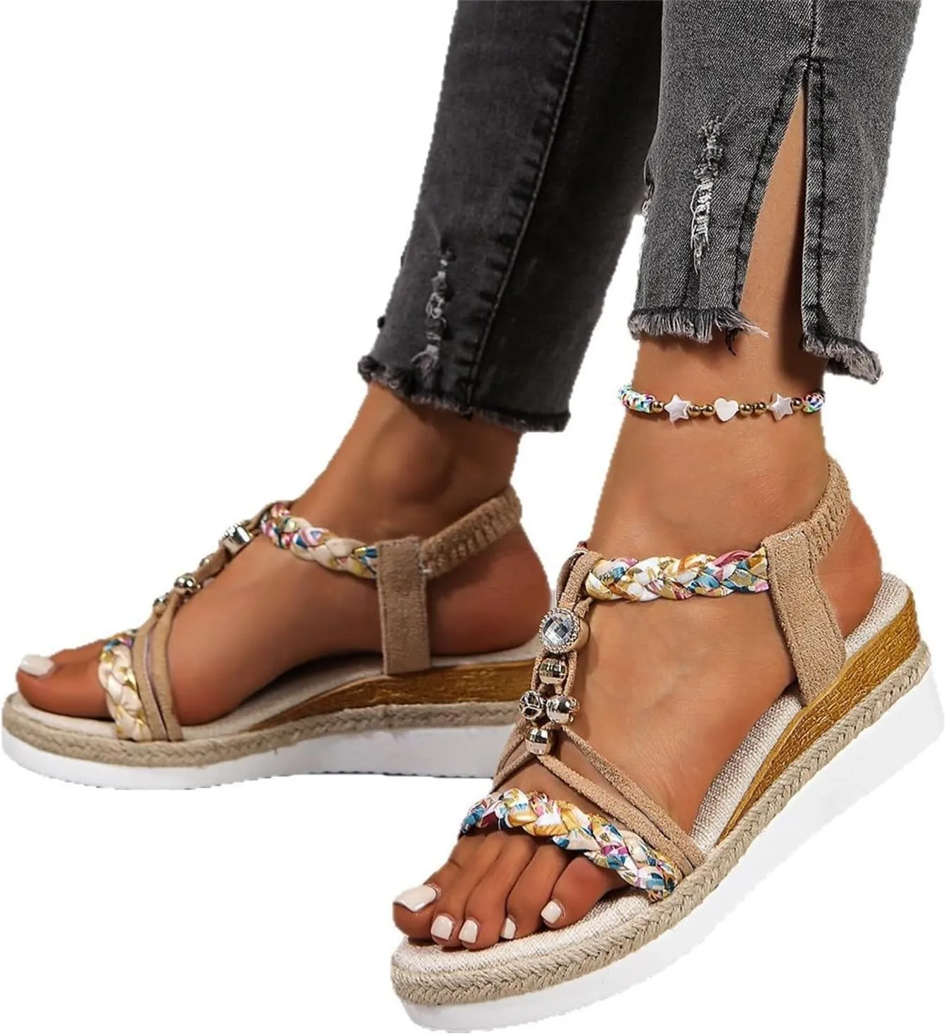Boho Wedge Sandals For Women Dressy Open Toe Espadrilles Sandals Summer Slip On Dress Shoes Leisure Wide Width Beach Shoes