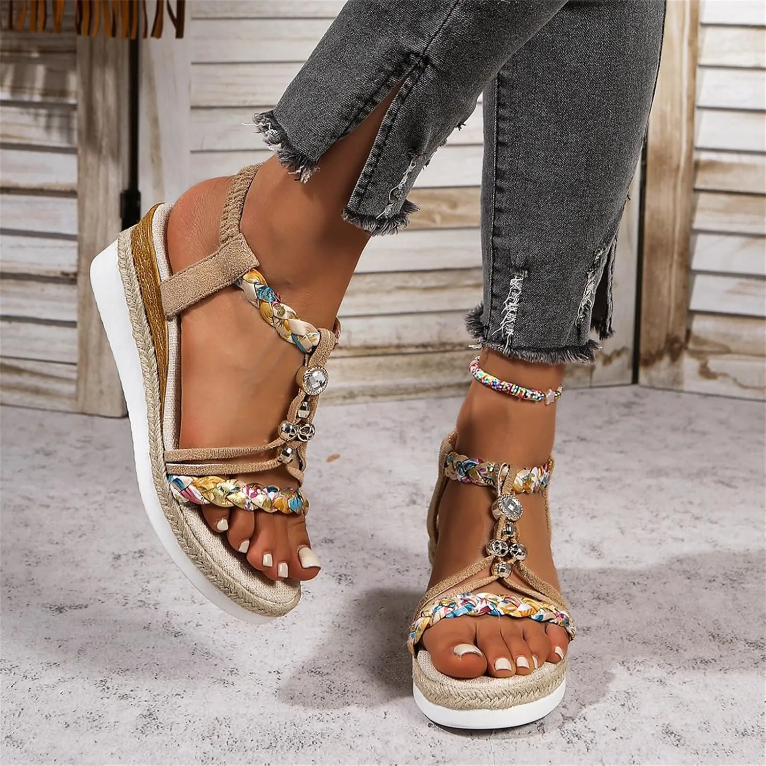 Boho Wedge Sandals For Women Dressy Open Toe Espadrilles Sandals Summer Slip On Dress Shoes Leisure Wide Width Beach Shoes