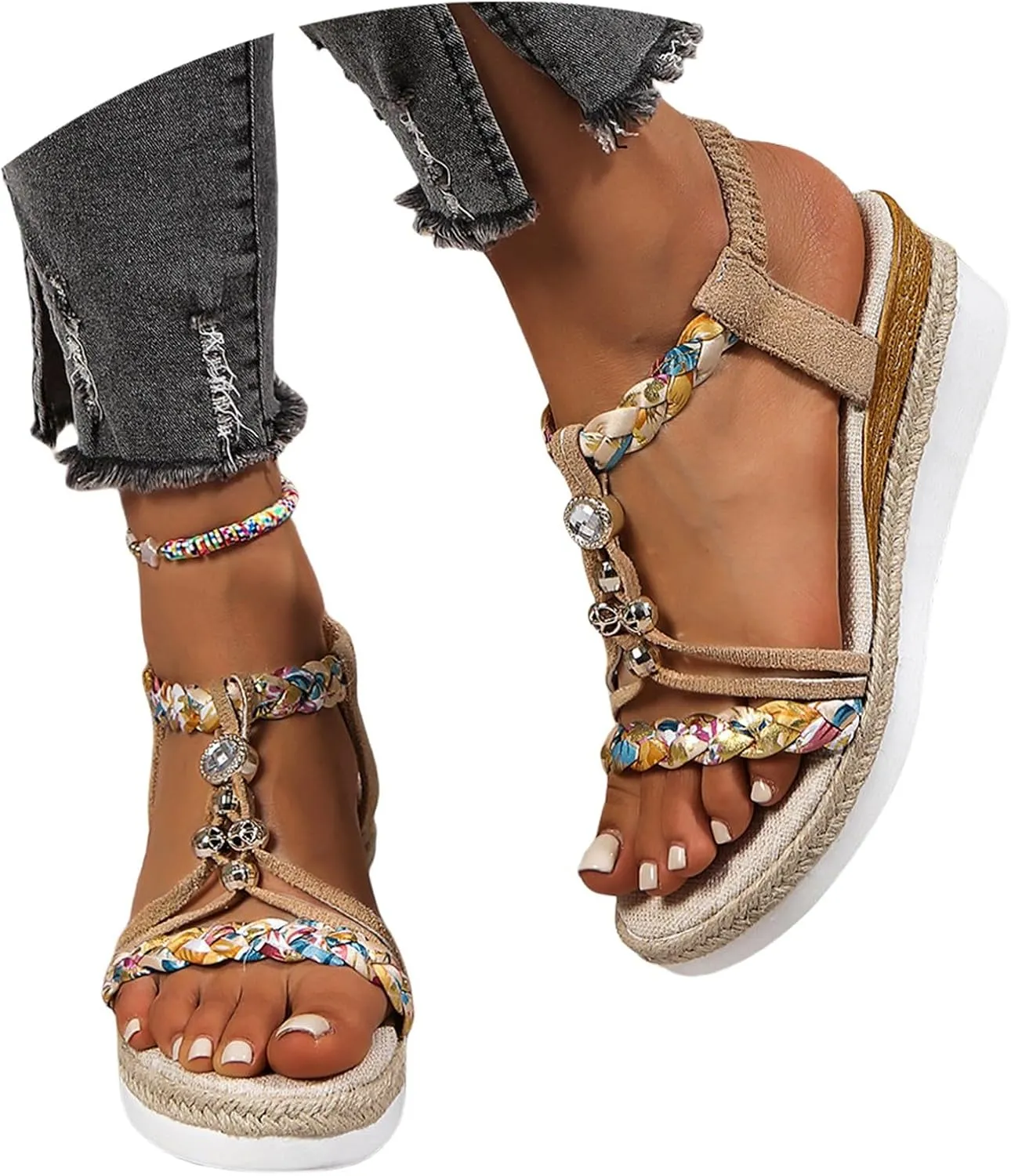 Boho Wedge Sandals For Women Dressy Open Toe Espadrilles Sandals Summer Slip On Dress Shoes Leisure Wide Width Beach Shoes