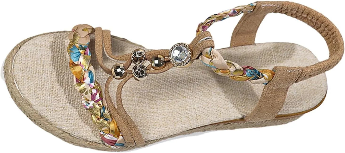 Boho Wedge Sandals For Women Dressy Open Toe Espadrilles Sandals Summer Slip On Dress Shoes Leisure Wide Width Beach Shoes