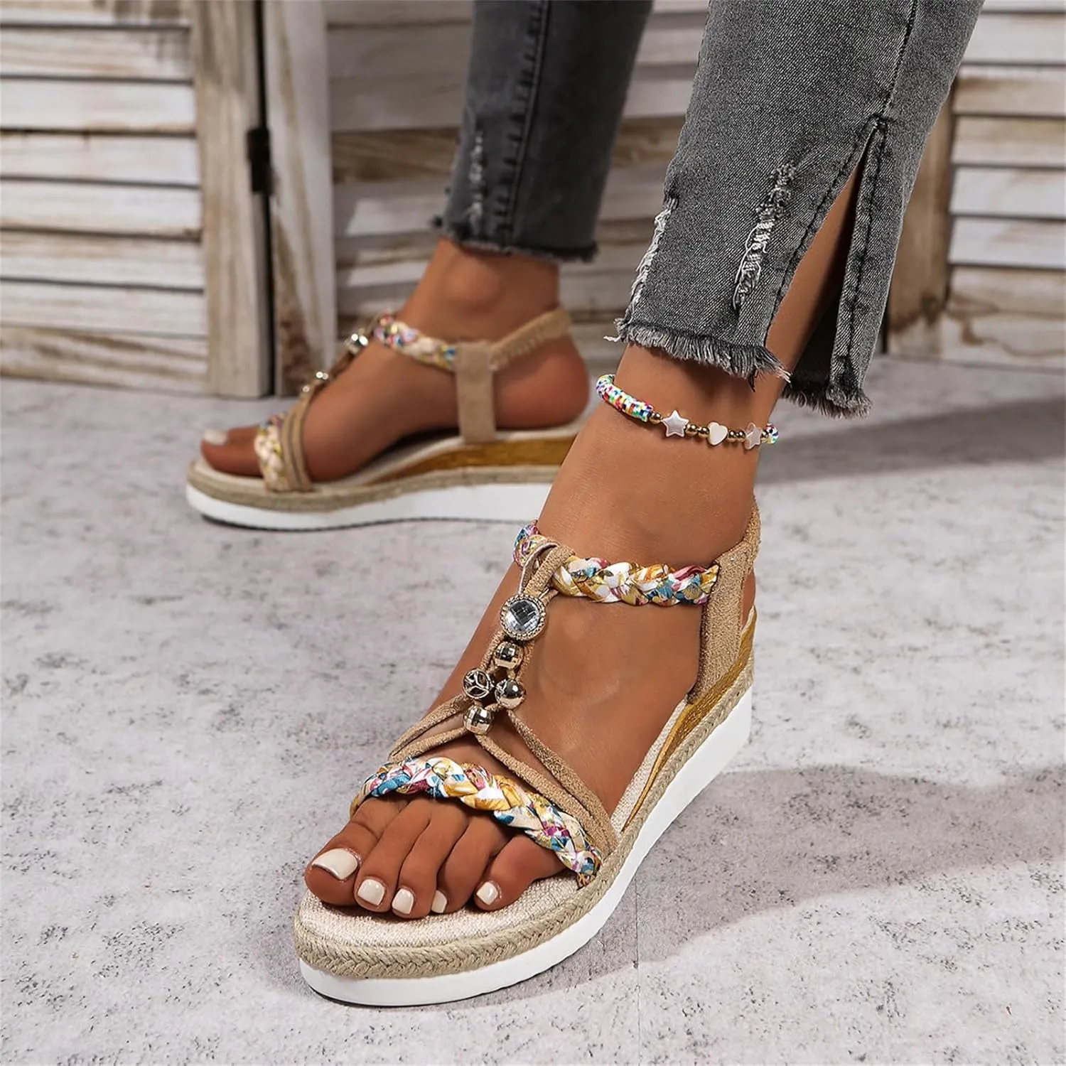 Boho Wedge Sandals For Women Dressy Open Toe Espadrilles Sandals Summer Slip On Dress Shoes Leisure Wide Width Beach Shoes