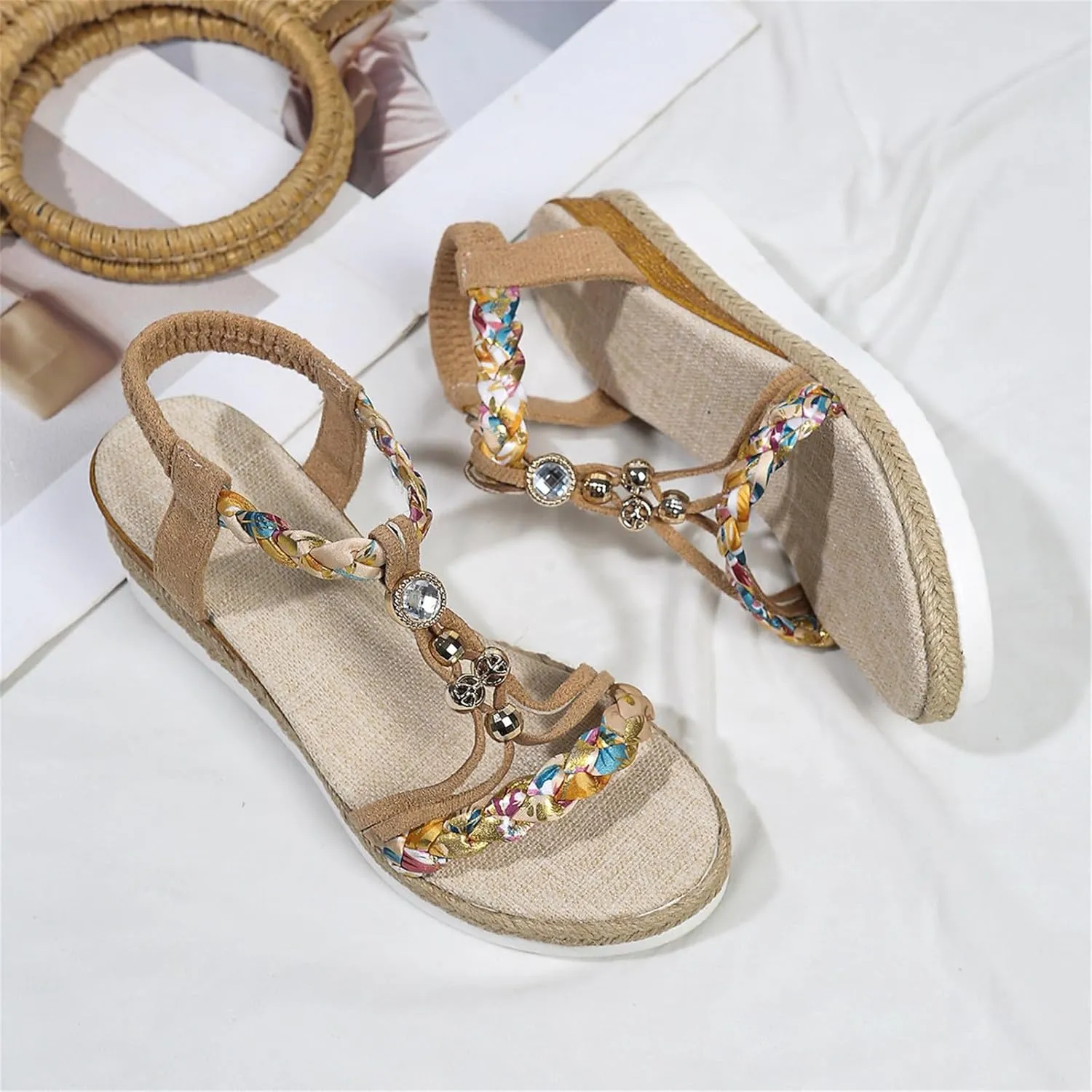 Boho Wedge Sandals For Women Dressy Open Toe Espadrilles Sandals Summer Slip On Dress Shoes Leisure Wide Width Beach Shoes