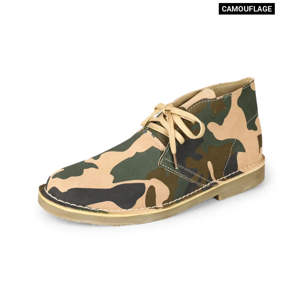 Camouflage Cow Suede Leather Men Desert Boots with Pigskin Lining for Outdoor