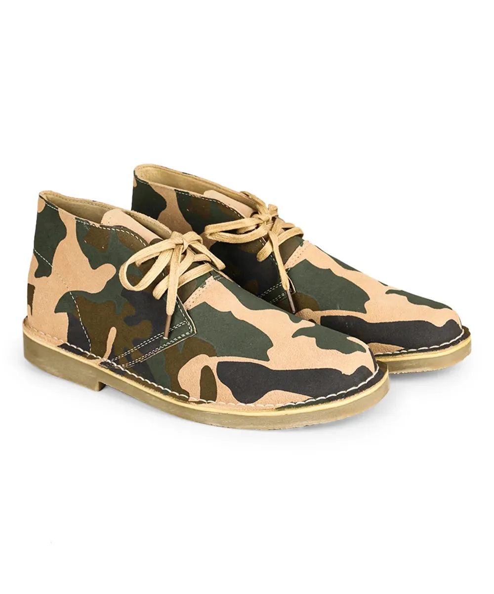 Camouflage Cow Suede Leather Men Desert Boots with Pigskin Lining for Outdoor