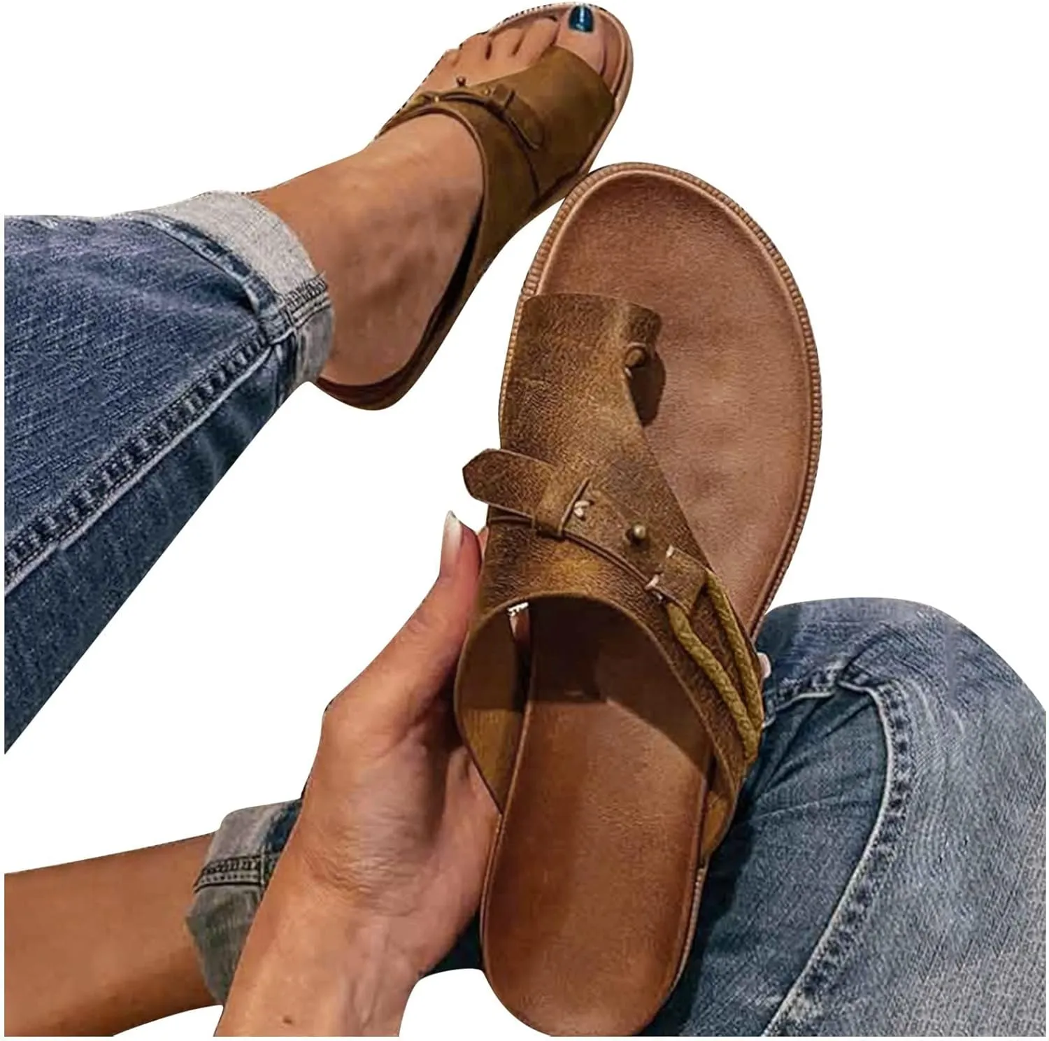 Cathalem Gladiator Sandals for Women Orthopedic Sandals 2024 New Ring Loop Strap Flip Flops Flat Leather Sandals Women