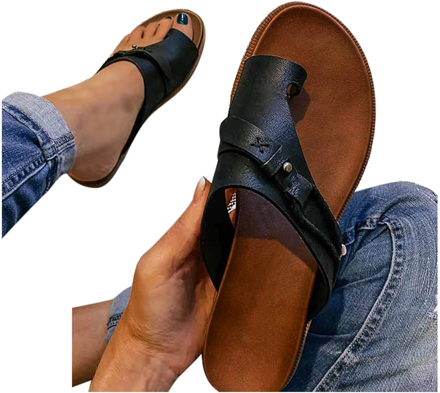 Cathalem Gladiator Sandals for Women Orthopedic Sandals 2024 New Ring Loop Strap Flip Flops Flat Leather Sandals Women