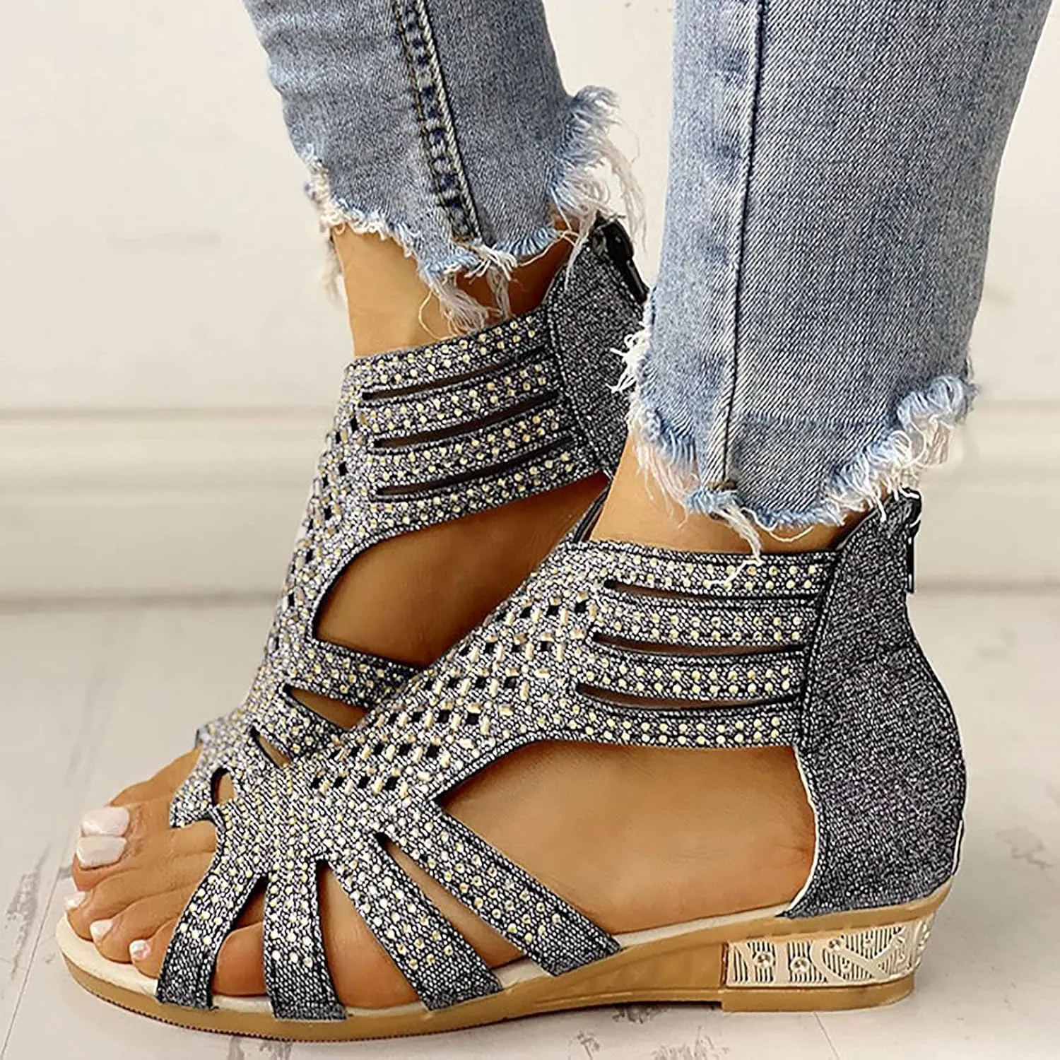 Cathalem Wedge Sandals for Women Non Slip Jeweled Bohemian Weight Slingback Sandals Rhinestone Gladiator Flat Shoe