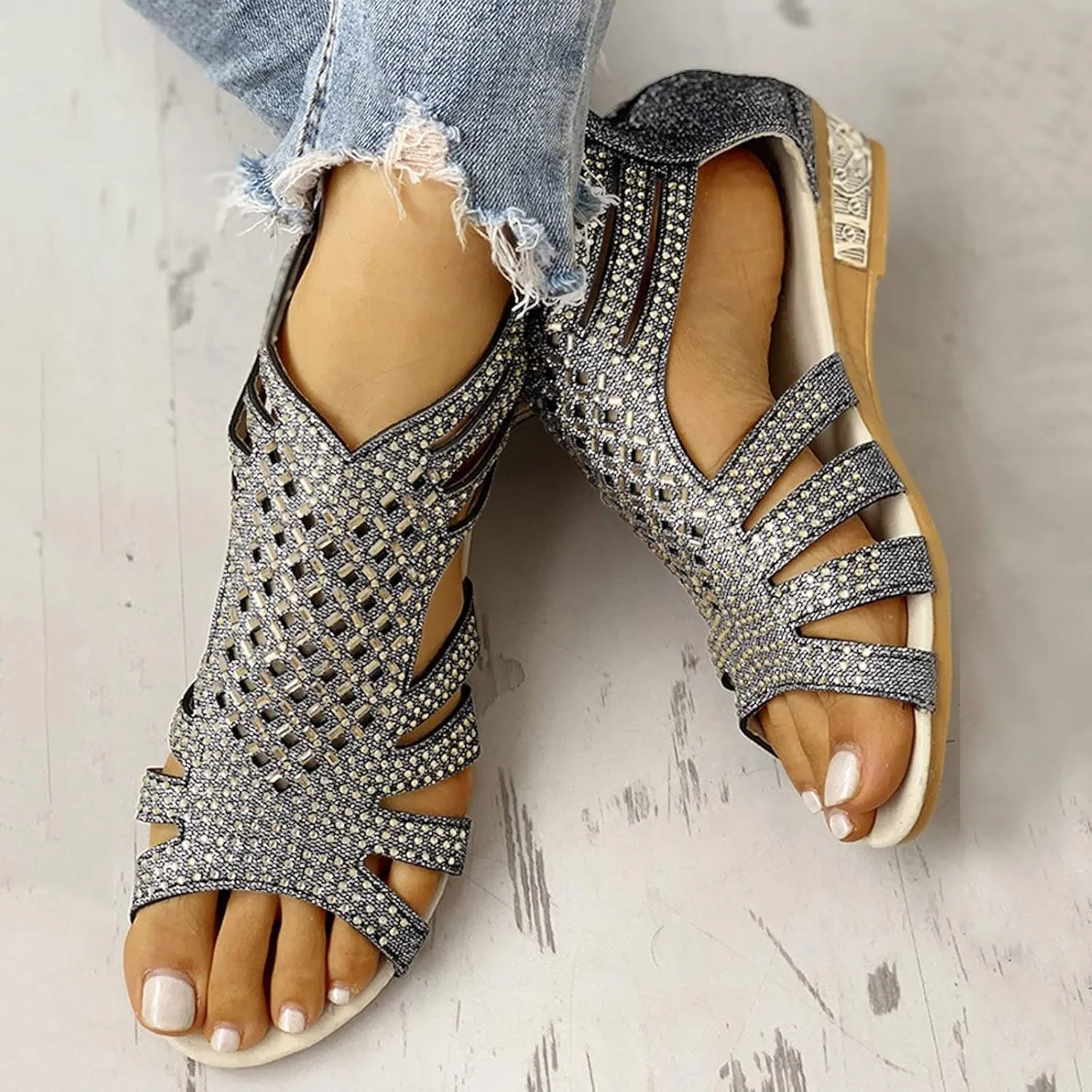 Cathalem Wedge Sandals for Women Non Slip Jeweled Bohemian Weight Slingback Sandals Rhinestone Gladiator Flat Shoe