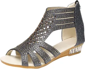 Cathalem Wedge Sandals for Women Non Slip Jeweled Bohemian Weight Slingback Sandals Rhinestone Gladiator Flat Shoe