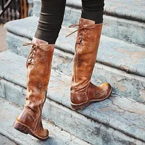 Chicvane Women's Flat Heel Round Toe Lace Up Knee High Boots For Women
