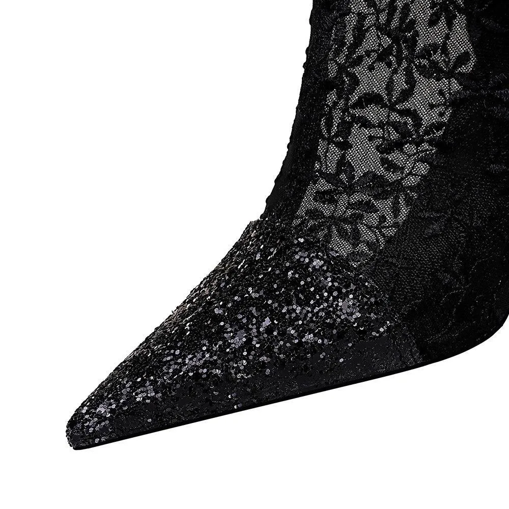 Chicvane Womens Sequin Mesh Lace Elastic Pointed Toe Stiletto Heel Mid Calf Boots