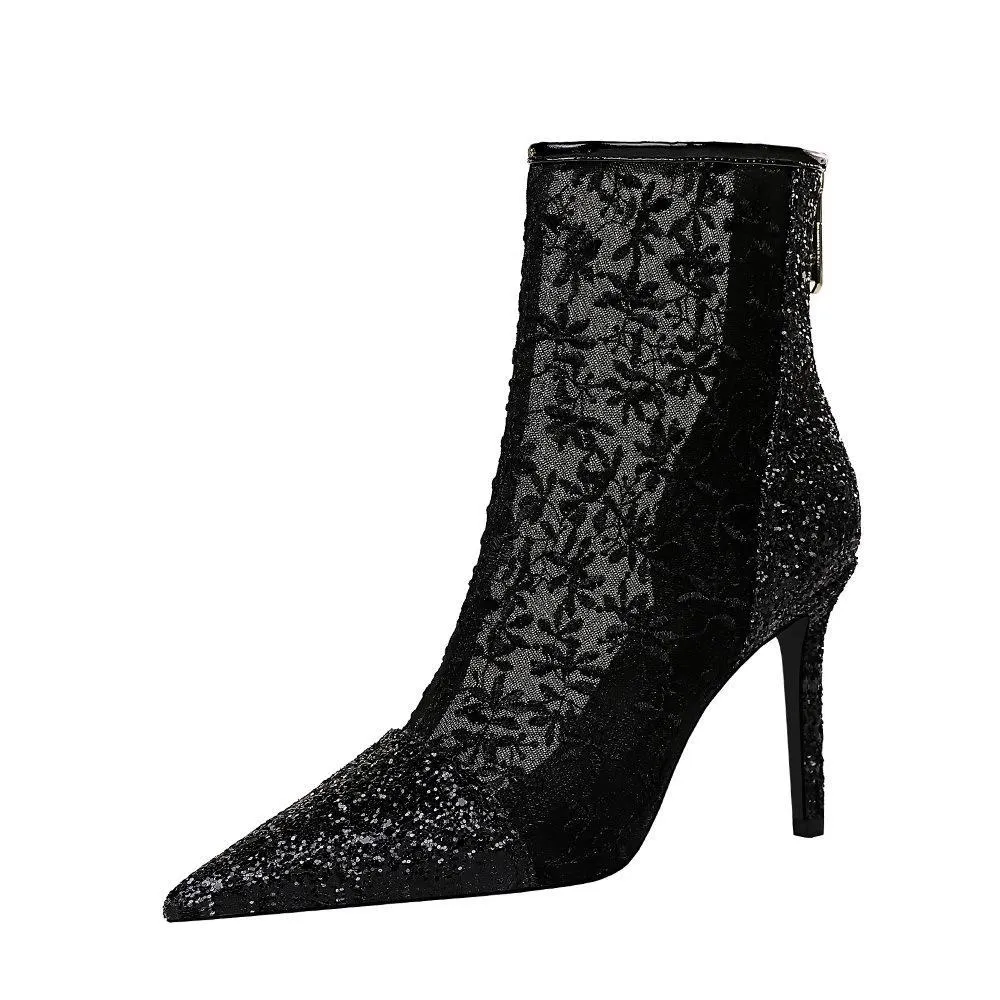 Chicvane Womens Sequin Mesh Lace Elastic Pointed Toe Stiletto Heel Mid Calf Boots