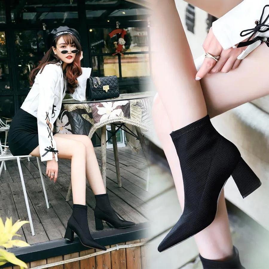 Chicvane Womens Woolen Knitted Pointed Toe Chunky Heel Ankle Boots