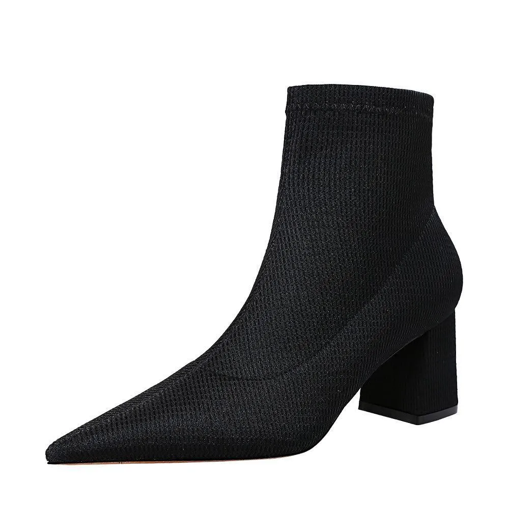 Chicvane Womens Woolen Knitted Pointed Toe Chunky Heel Ankle Boots
