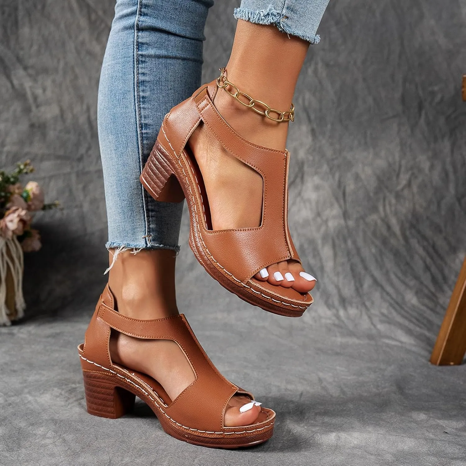 Chunky Heel Sandals for Women Dressy Summer Open Toe Block Heeled Sandal New Hollow Breathable Slip on Beach Boho Comfortable Outdoor Shoes for Casual Vacation Party