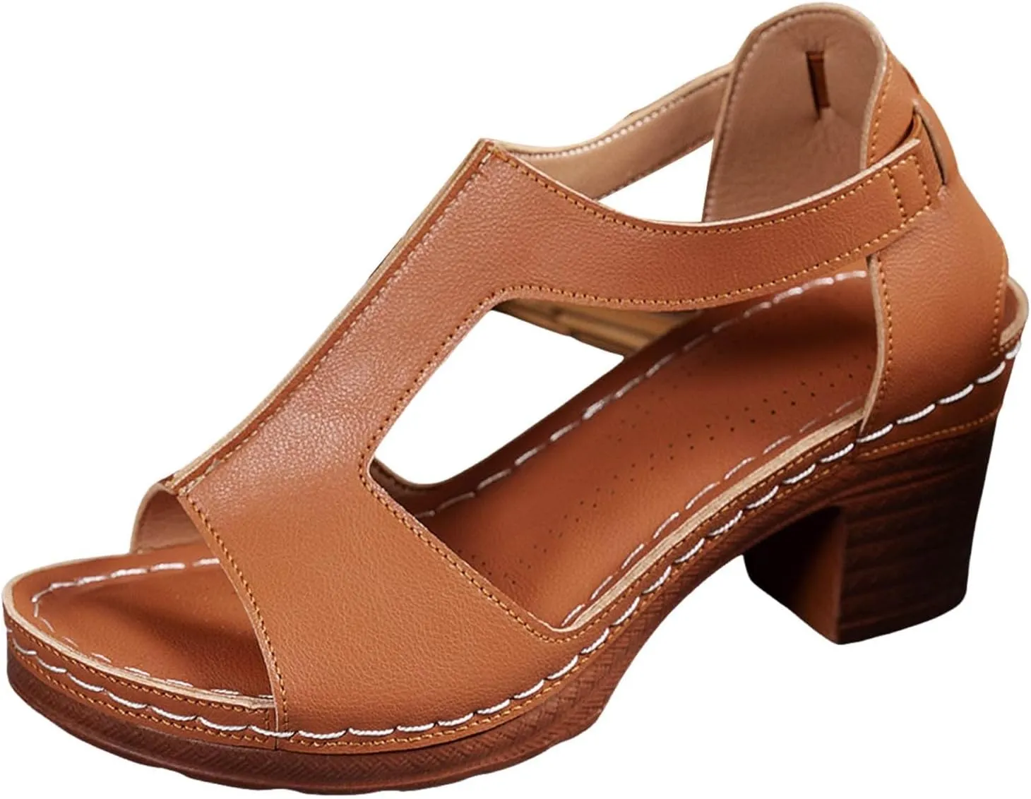 Chunky Heel Sandals for Women Dressy Summer Open Toe Block Heeled Sandal New Hollow Breathable Slip on Beach Boho Comfortable Outdoor Shoes for Casual Vacation Party