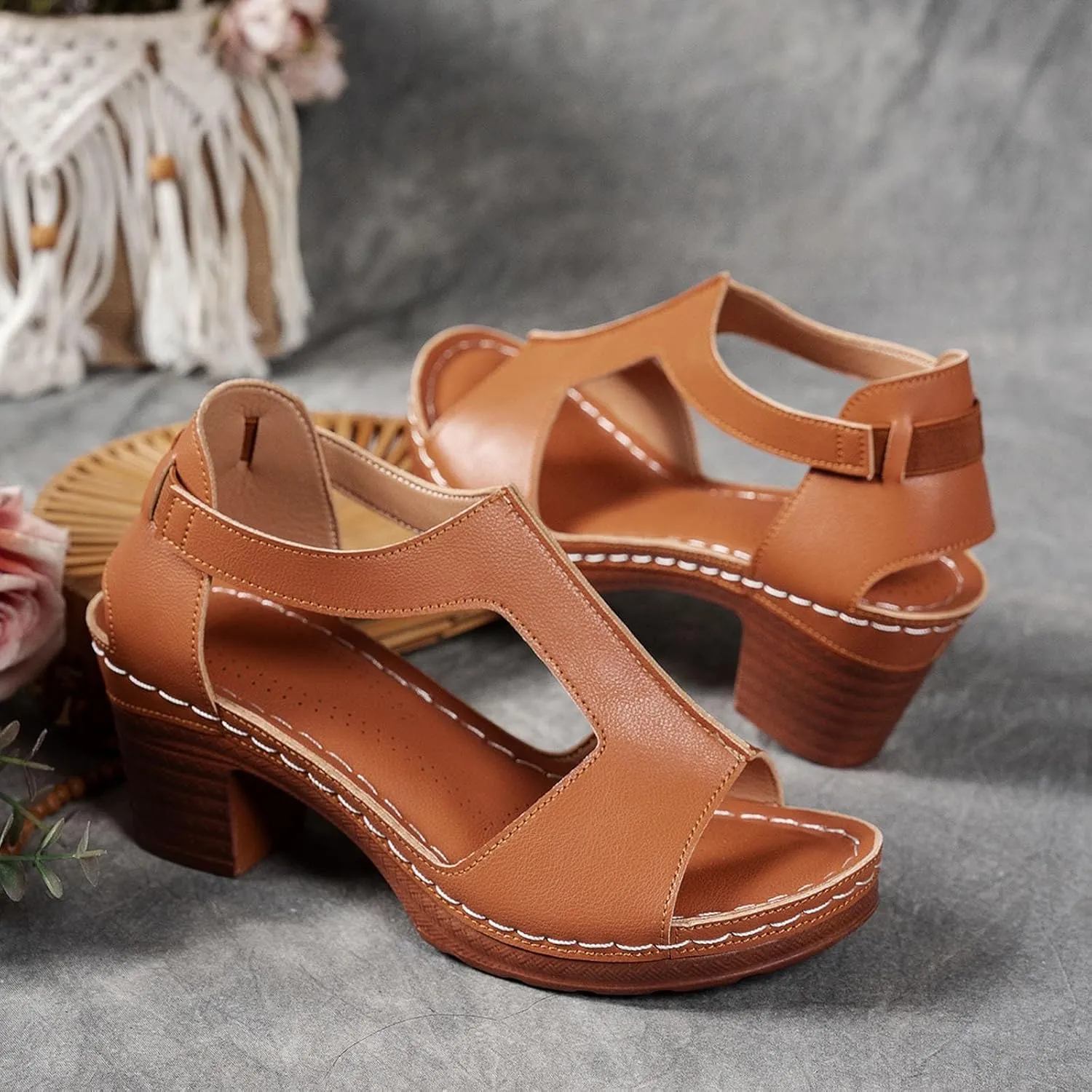 Chunky Heel Sandals for Women Dressy Summer Open Toe Block Heeled Sandal New Hollow Breathable Slip on Beach Boho Comfortable Outdoor Shoes for Casual Vacation Party