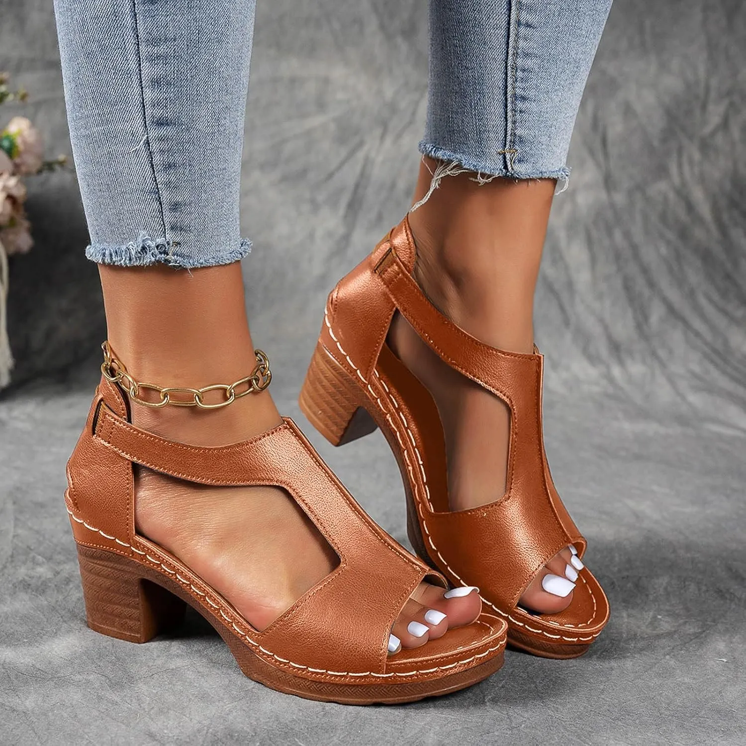 Chunky Heel Sandals for Women Dressy Summer Open Toe Block Heeled Sandal New Hollow Breathable Slip on Beach Boho Comfortable Outdoor Shoes for Casual Vacation Party