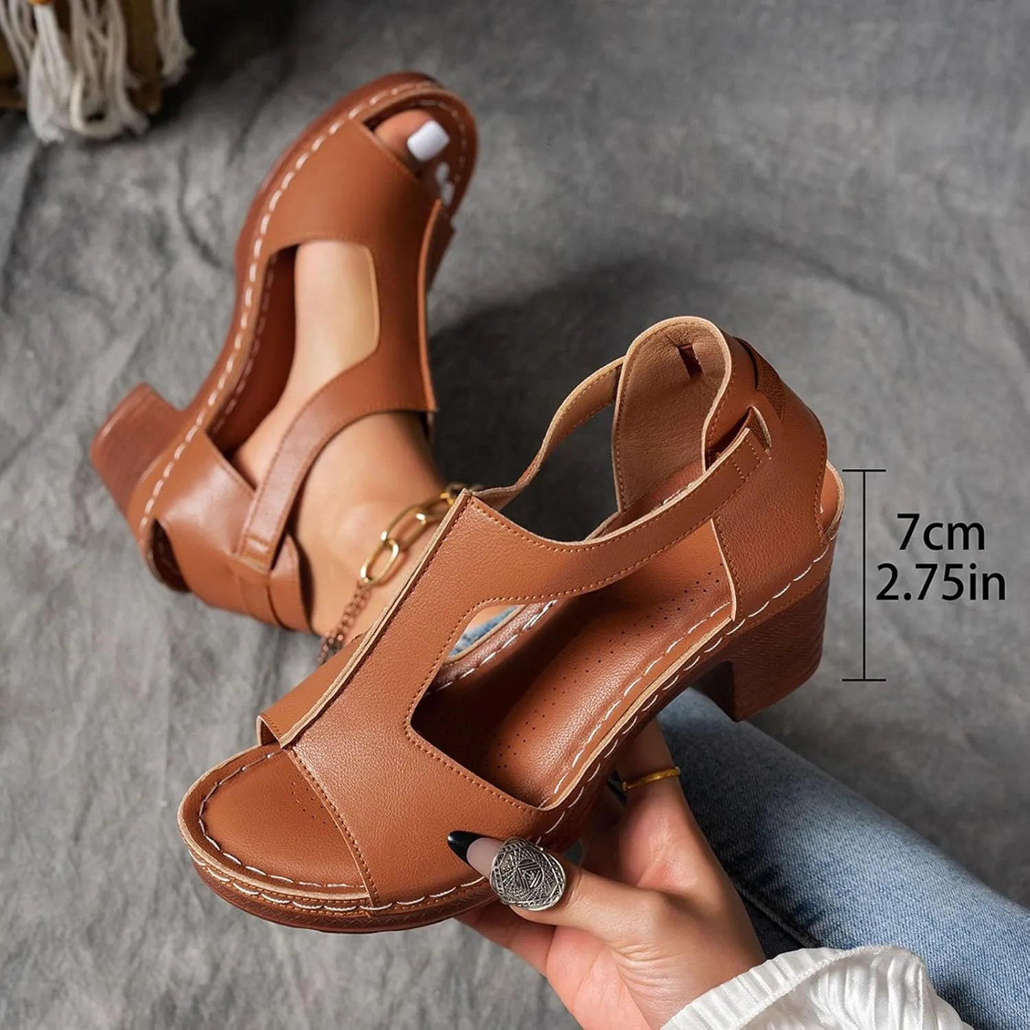 Chunky Heel Sandals for Women Dressy Summer Open Toe Block Heeled Sandal New Hollow Breathable Slip on Beach Boho Comfortable Outdoor Shoes for Casual Vacation Party
