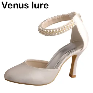 Custom Handmade Pearl Strap Shoes Bridal for Wedding High Heel Women Pumps Zipper