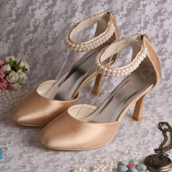 Custom Handmade Pearl Strap Shoes Bridal for Wedding High Heel Women Pumps Zipper