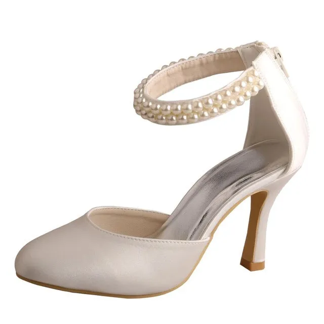 Custom Handmade Pearl Strap Shoes Bridal for Wedding High Heel Women Pumps Zipper