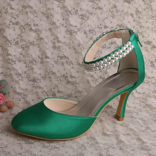 Custom Handmade Pearl Strap Shoes Bridal for Wedding High Heel Women Pumps Zipper