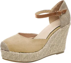 Espadrilles Wedges For Women Close Toe Beach Sandals Summer Dressy Arch Support Sandals Comfortable Ankle Strap Dress Shoes