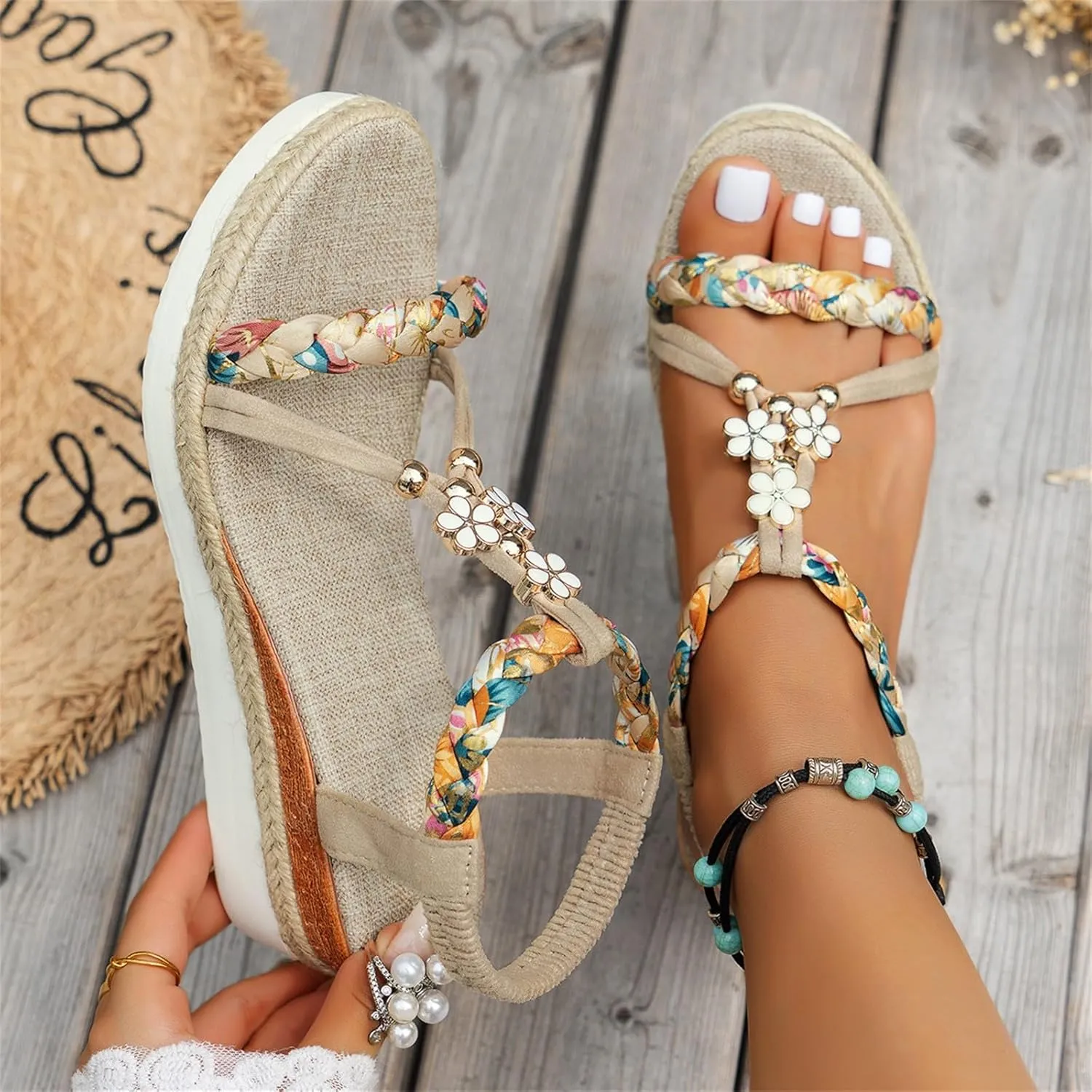 Espadrilles Wedges For Women Elastic Ankle Strap Bohemian Sandals With Arch Support Dressy Summer Slip On Beach Dress Shoes