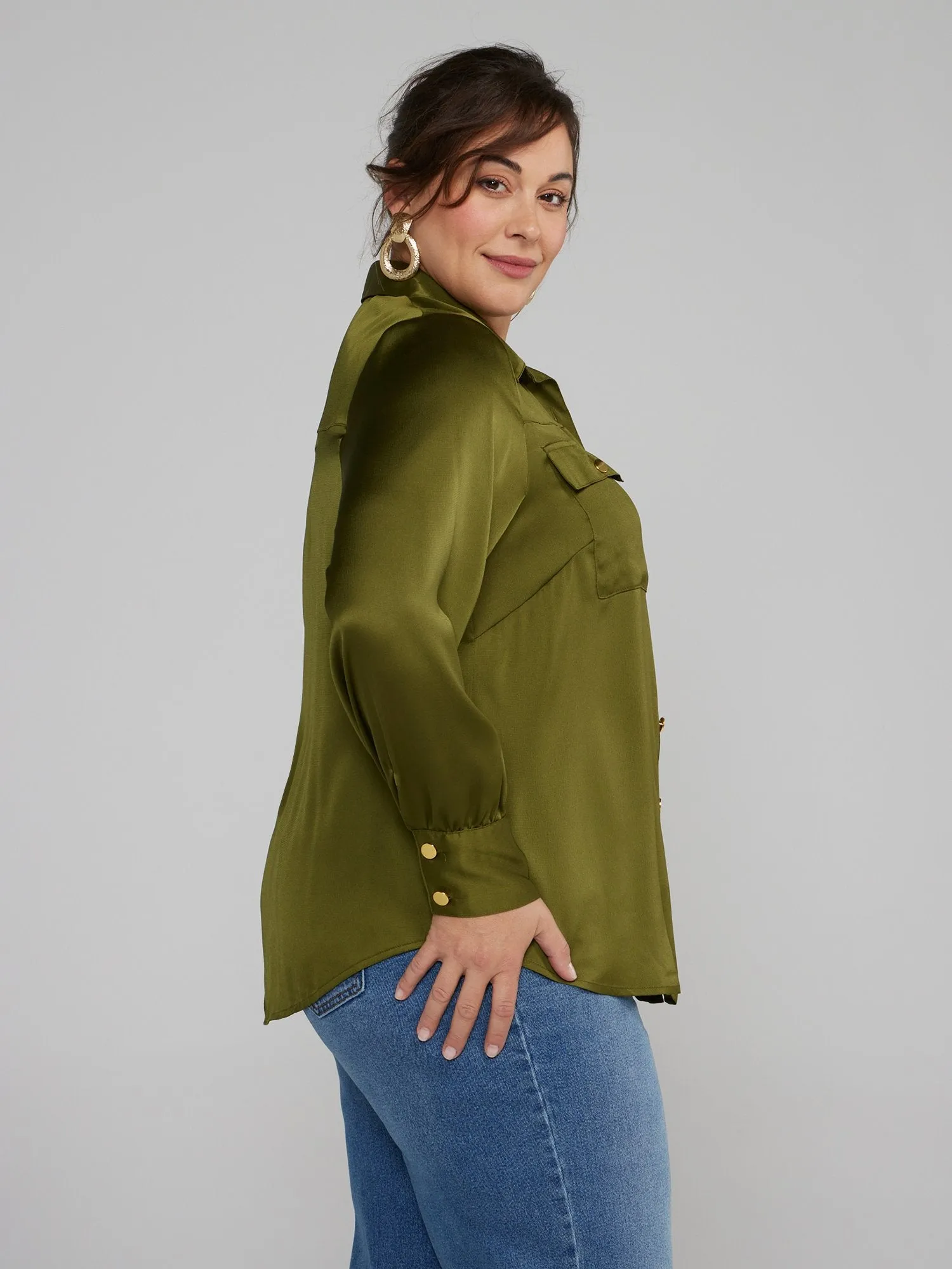 Fashion To Figure - Button-Front Satin Shirt