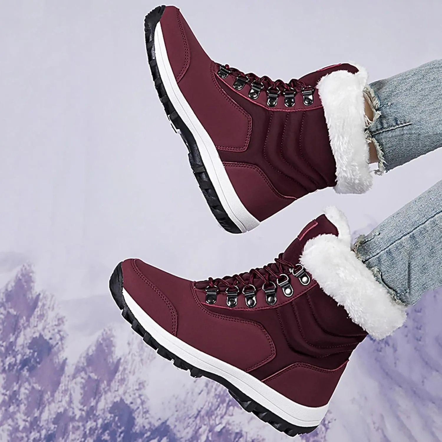 Fur Boots for Women Winter,Casual Trekking Lightweight Snow Boots for Women Waterproof,Warm Fur Lined Winter Sneakers for Women,for Walking/Hiking