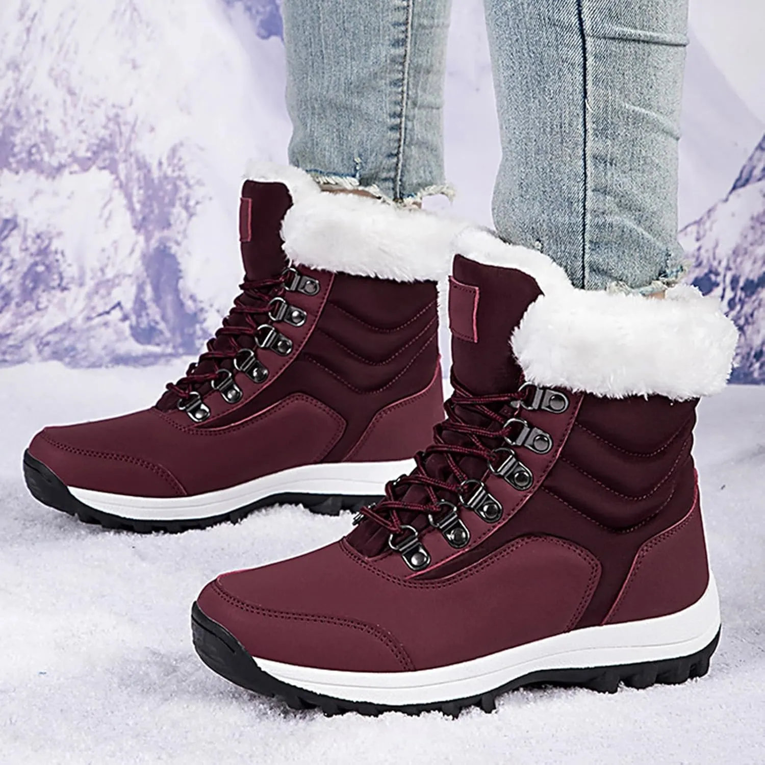 Fur Boots for Women Winter,Casual Trekking Lightweight Snow Boots for Women Waterproof,Warm Fur Lined Winter Sneakers for Women,for Walking/Hiking